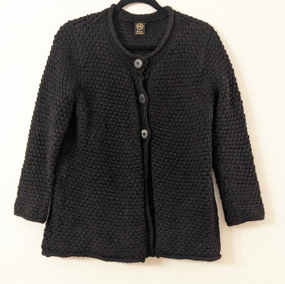 Inca Fashions Peruvian Alpaca Cardigan Knit Sweater Black Large